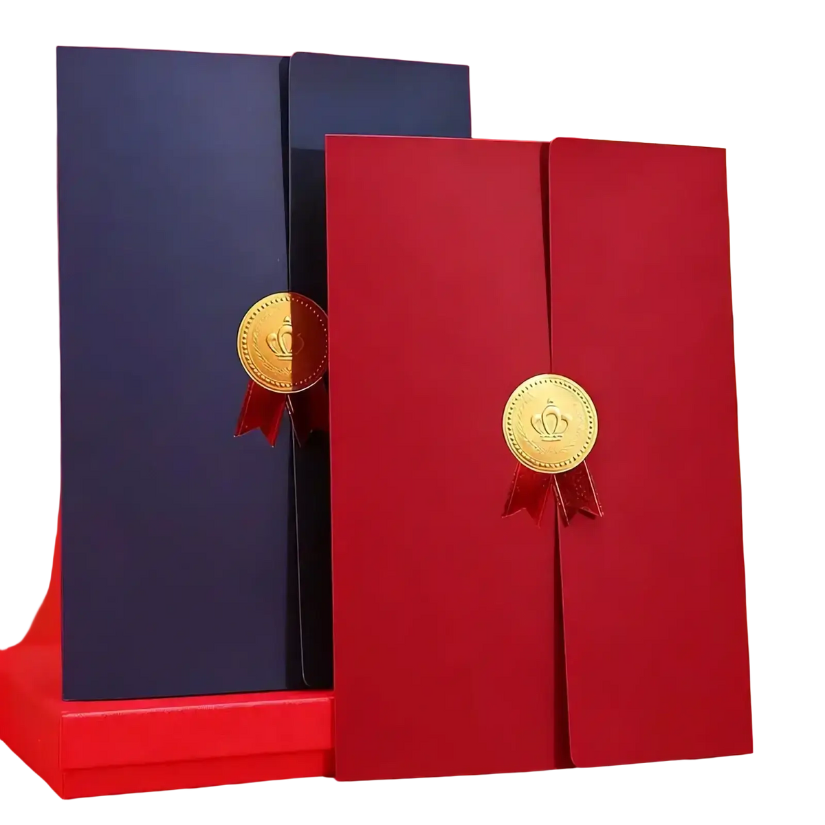 Red and navy blue certificate holders with gold seals and red ribbons including a navy blue blue a4 diploma cover