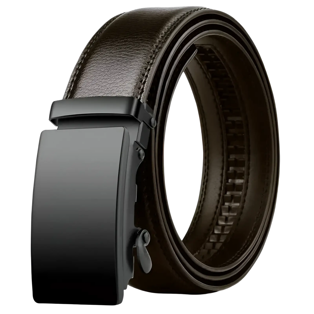 Cexika men brown leather automatic buckle belt featuring a sleek black automatic buckle for effortless fastening