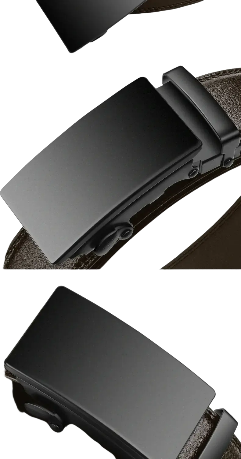Cexika men brown leather automatic buckle belt featuring a black leather strap with a sleek matte black buckle