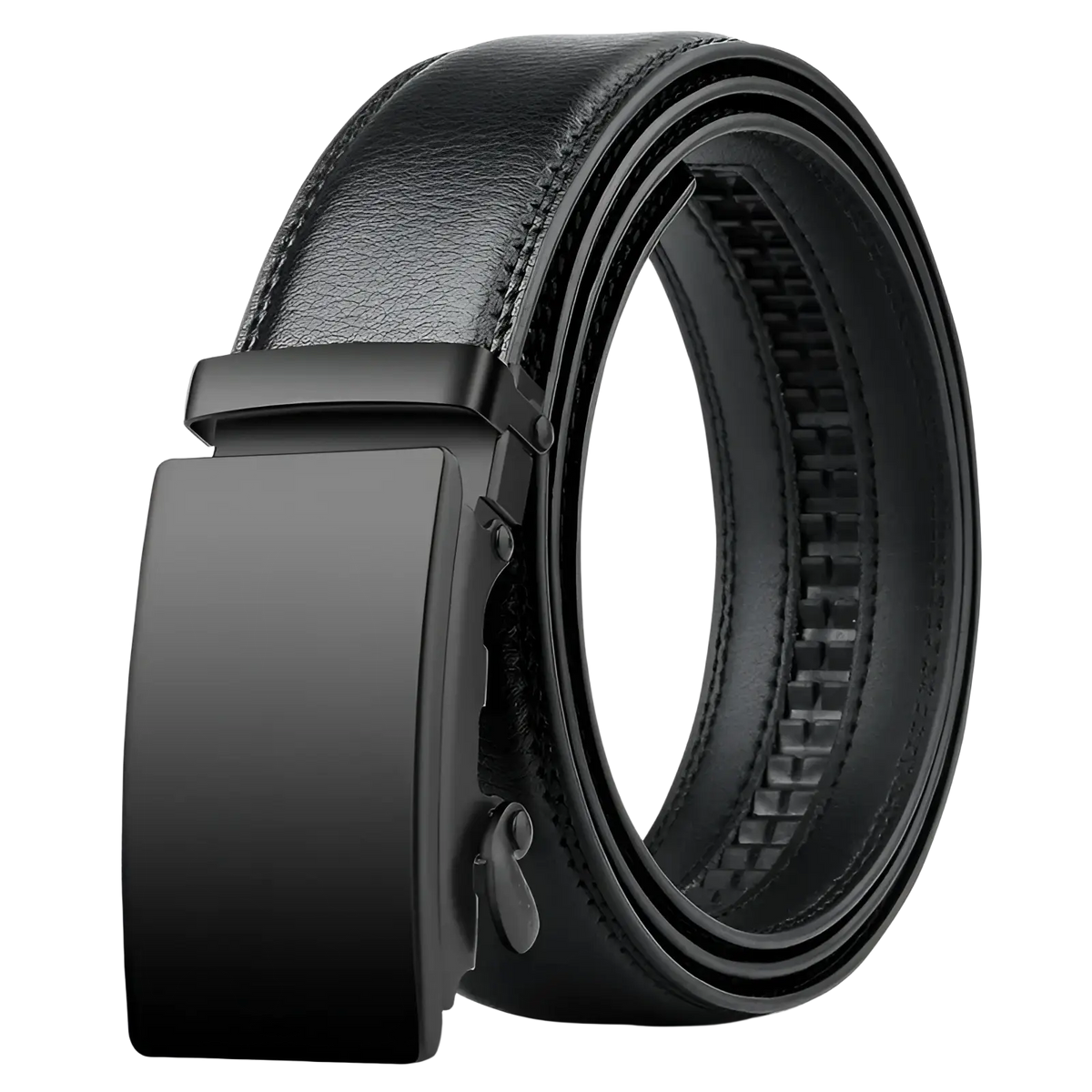 Cexika men brown leather automatic buckle belt featuring a black leather strap with a matte black automatic buckle