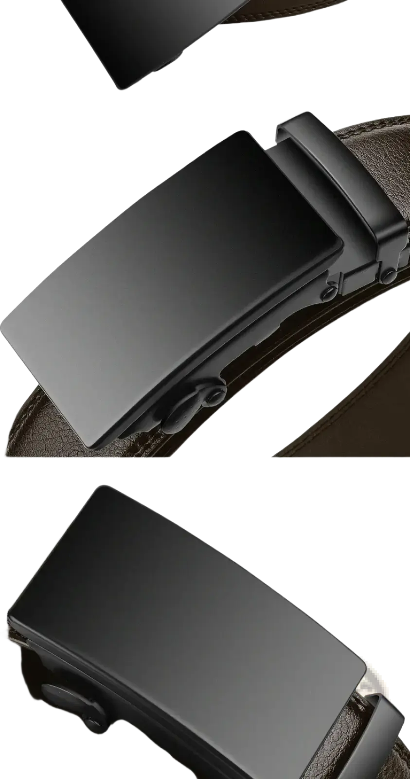Cexika men brown leather automatic buckle belt featuring a black leather strap with a sleek matte black buckle