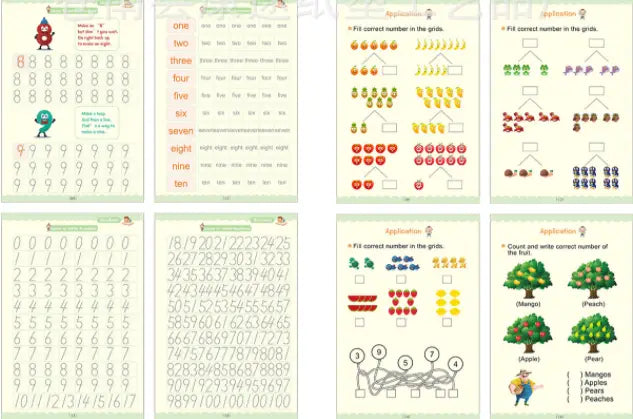 educational worksheets from sank magic practice copybook set for kids preschoolers featuring colorful number recognition and counting activities with cartoon characters