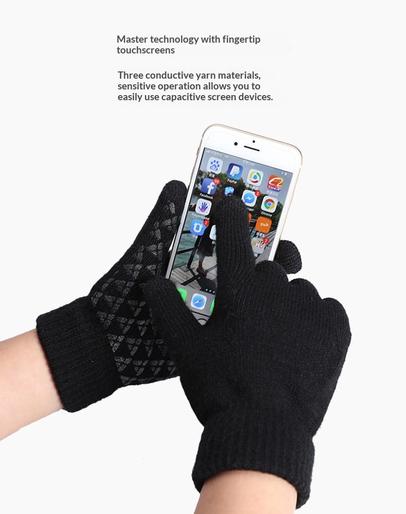 Schwarze gestrickte Touchscreen-Wollhandschuhe für den Winter, Rückseite mit Diamantmuster-Design.