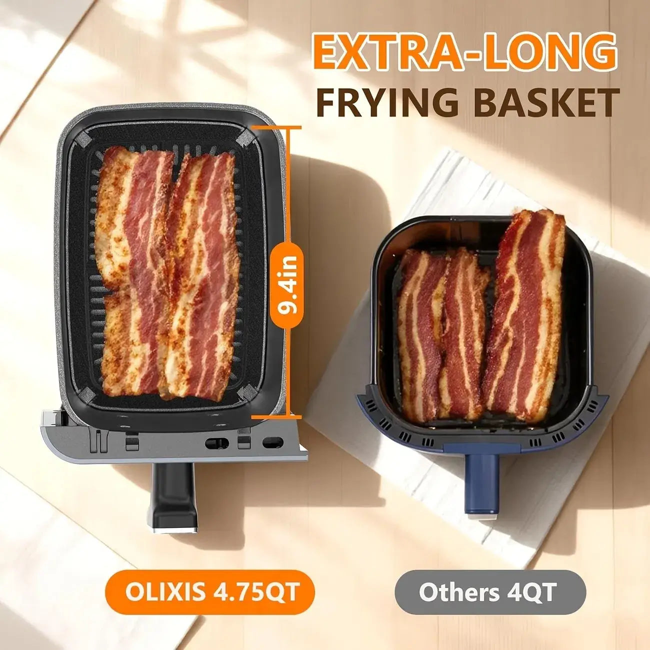 Schwarzer und grauer extra-langer Frittierkorb mit 9,4 Zoll Höhe, kompatibel mit der Olixis-4,75-Qt-Heißluftfritteuse; enthalten in der Doppelkörbchen-Heißluftfritteuse mit 9,5 Quart und 10 Voreinstellungen.