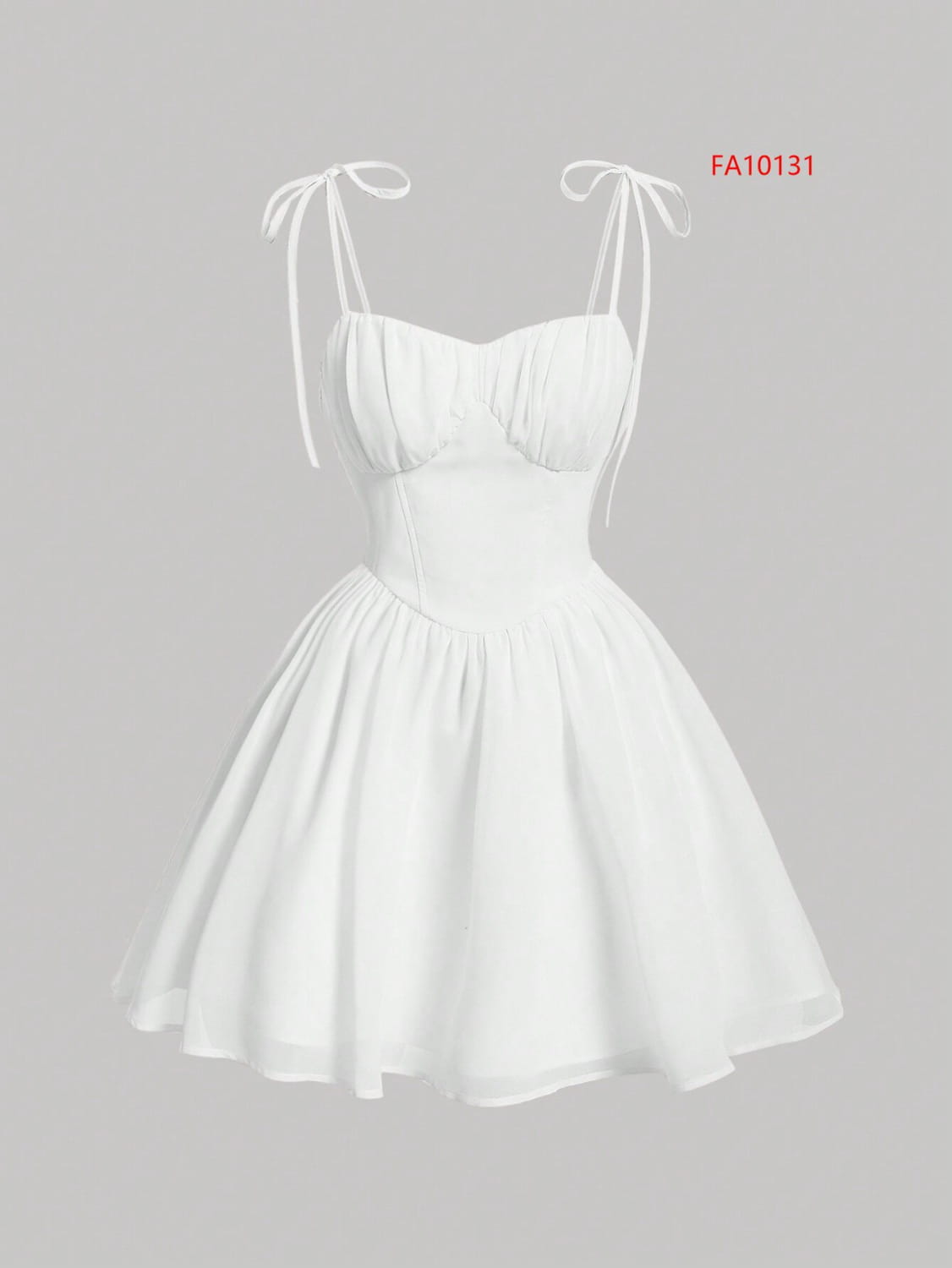 White lightweight chiffon mini dress with delicate tie-sleeve straps and a flared skirt shown as an alternative to the sky blue ruched corset mini dress with tie straps.