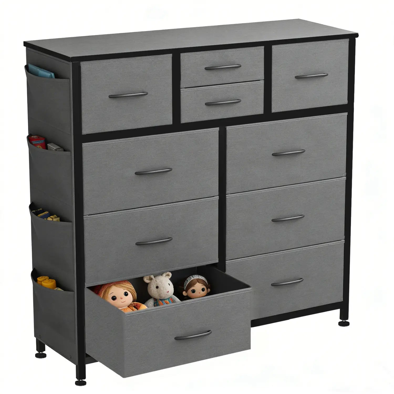 Gray fabric dresser with black metal frame and handles, featuring ten drawers, side pockets, and hooks for organized storage.