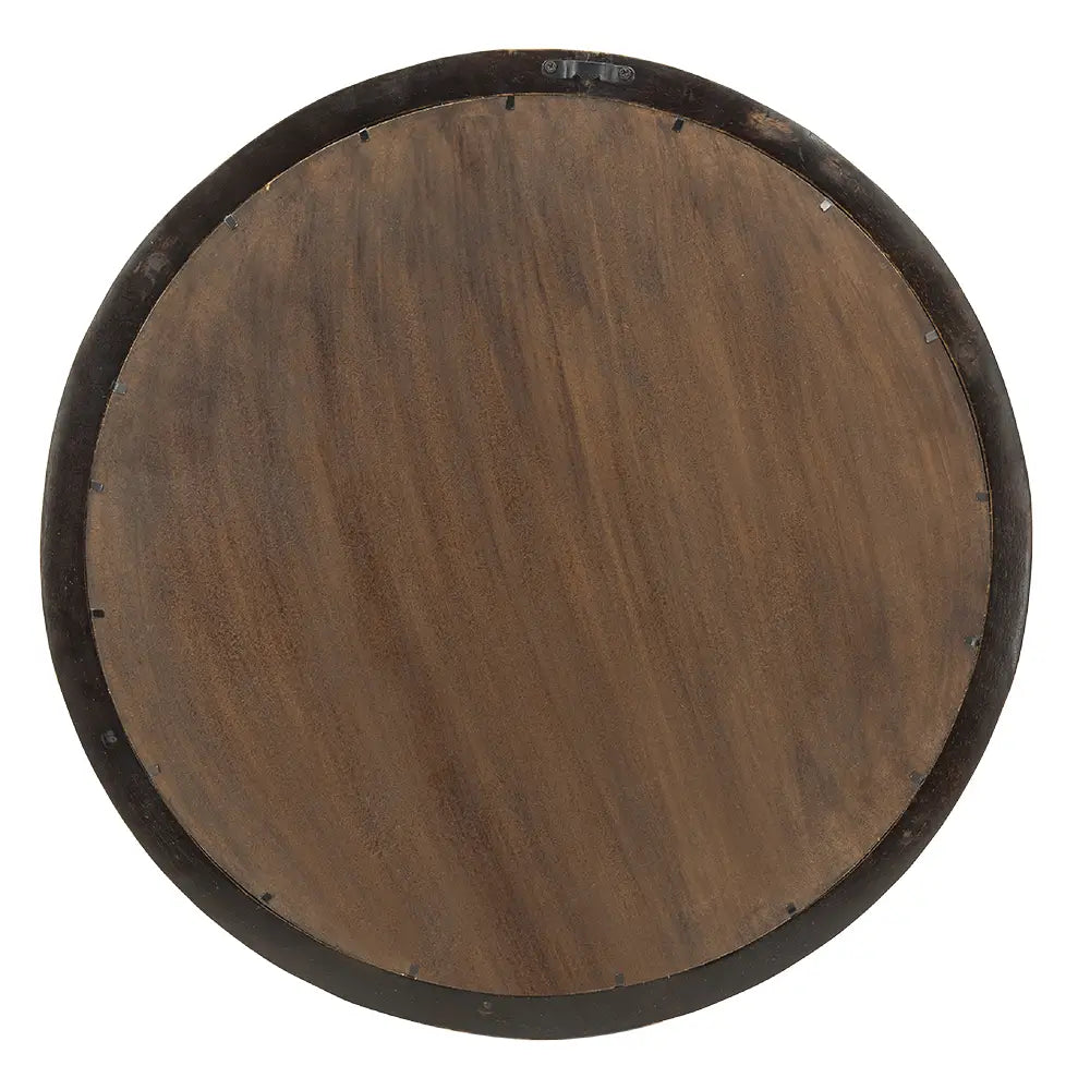 Mango wood round wall mirror with a 20 inch dark bronze frame featuring a circular wooden design and visible rustic wood grain.