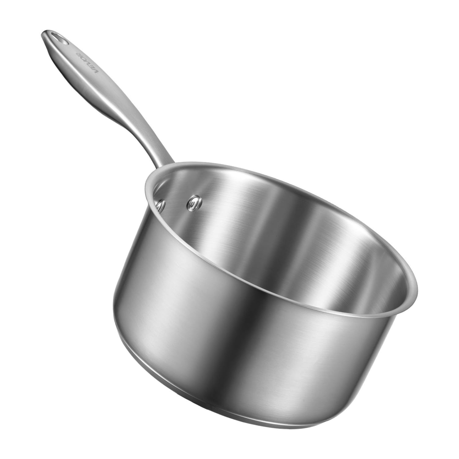 Casserole en acier inoxydable de 2,5 qt avec panier vapeur, offrant une finition polie élégante et une poignée ergonomique.
