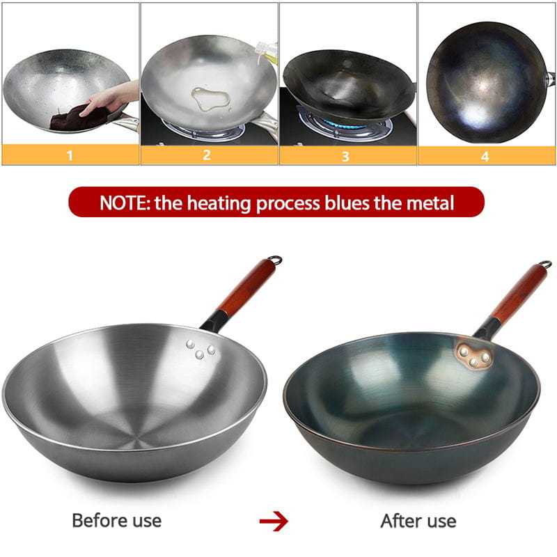 Ein eleganter, nachgedunkelter Wok aus Edelstahl mit Schmiedeeisen-Antihaftbeschichtung, Holzgriff und drei kleinen Nieten an der Seite.