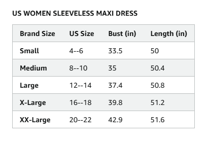 Us women sleeveless bohemian floral and graphic maxi dress size chart showing measurements from small to xx-large for the Supnier brand.
