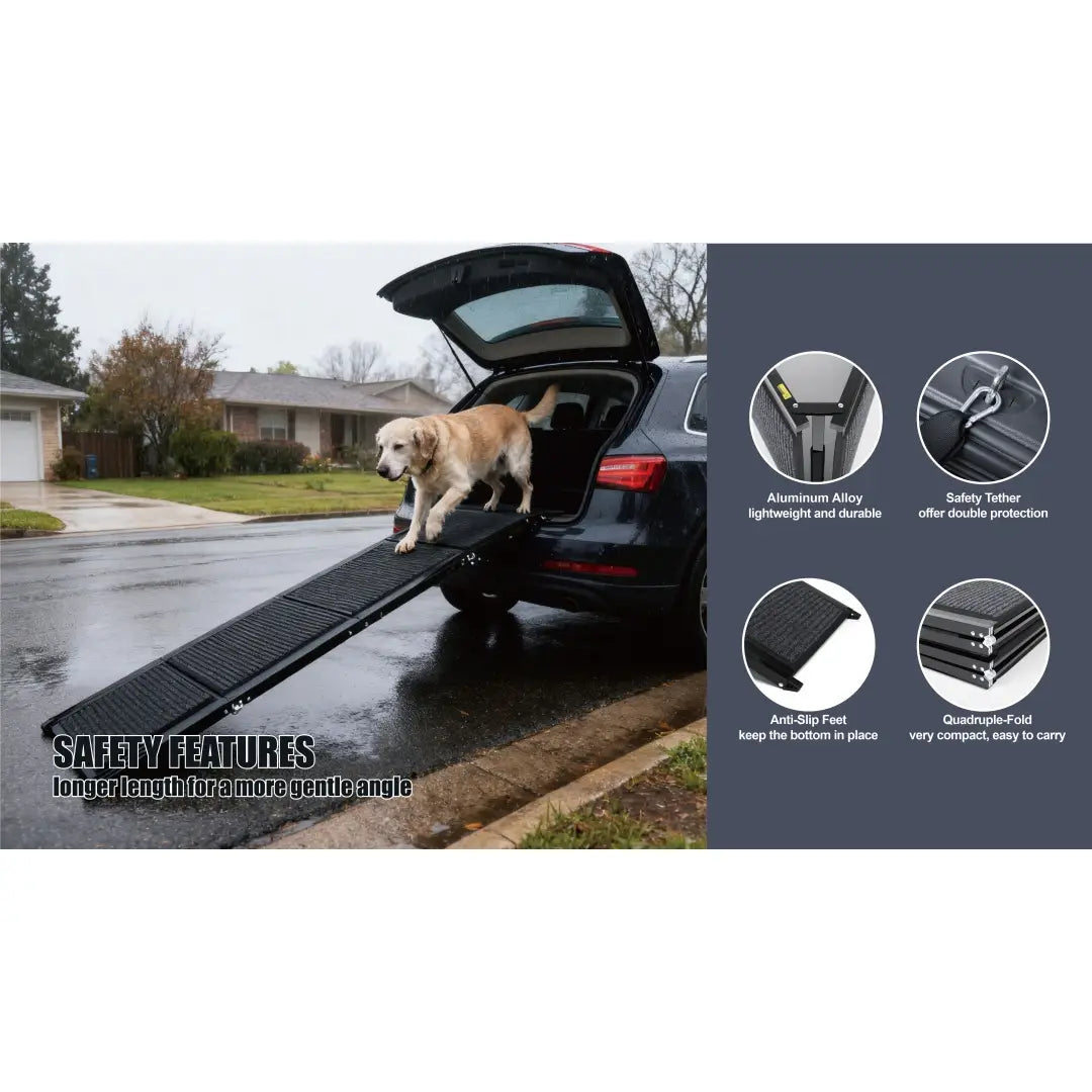 Rampe portative noire en alliage d’aluminium pour chien, patins antidérapants et attache de sécurité, pour voiture, SUV et camion, jusqu’à 113 kg (250 lb)