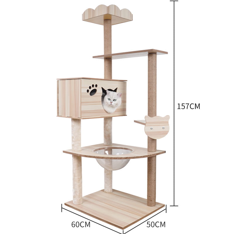 Light wood wooden cat tree scratching post and condo featuring a cloud-shaped top, a middle platform box with paw print and cat face design, and a clear glass bowl mounted below.