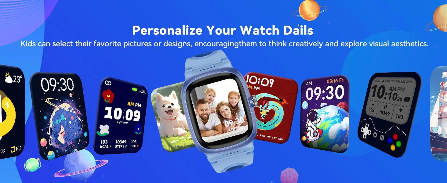 Light blue k1 kids waterproof smartwatch with a rectangular screen displaying a family photo and digital time featuring fitness tracking functions.