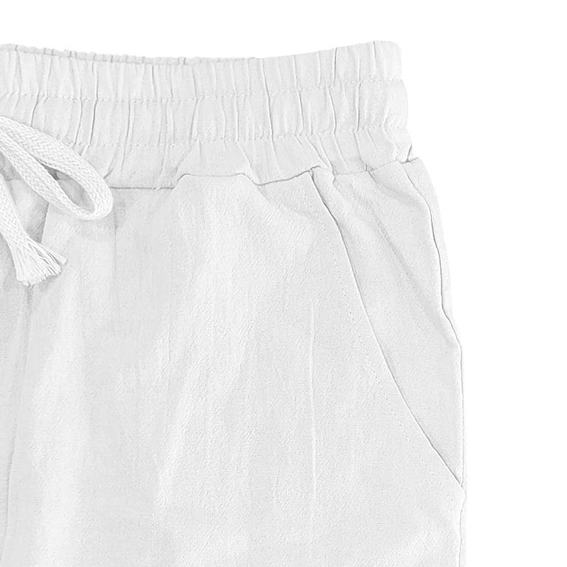 Men’s linen joggers casual drawstring pants in white with a soft textured fabric and elastic waistband.