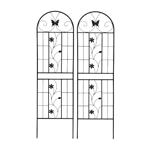 Ornate black and white metal garden trellis 2 pack featuring rustproof butterfly and floral iron designs measuring 71 inches.