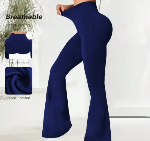 Deep navy blue high-waisted flare yoga pants with a snug, form-fitting design and a flared leg silhouette.