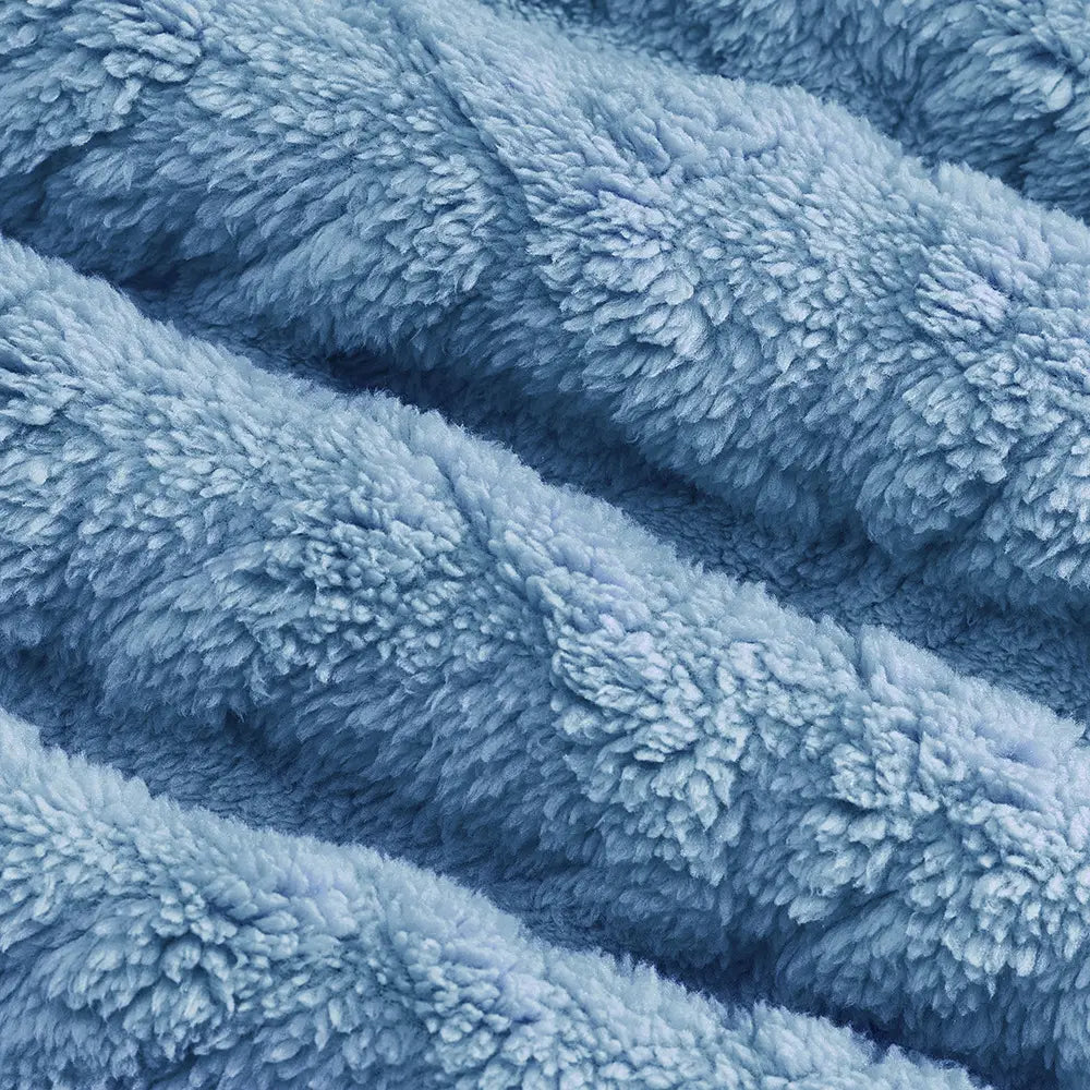mens textured fleece lined knit hoodie fabric showing soft light blue plush with a cozy textured surface