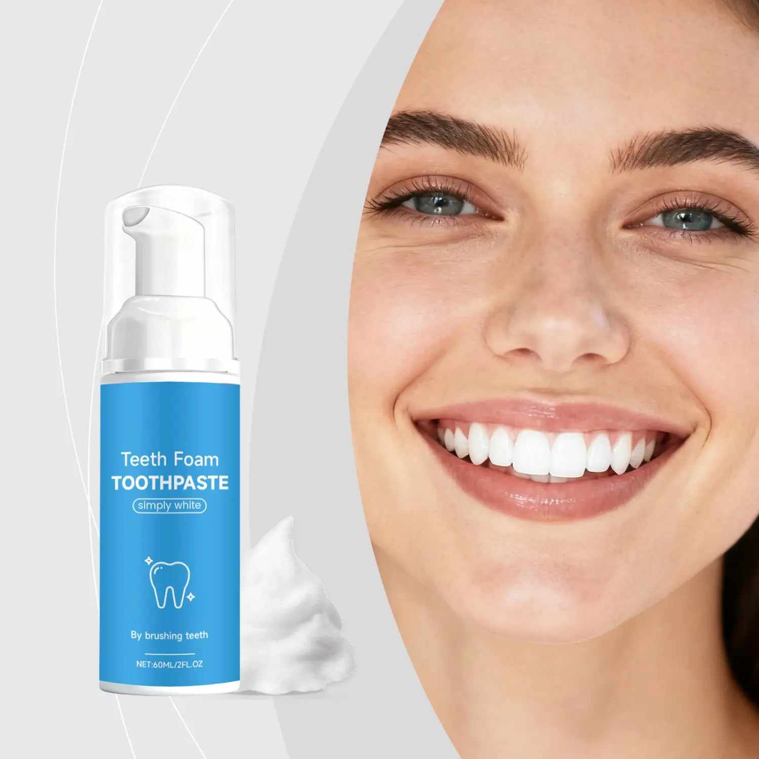 Foam toothpaste simply white mousse pump dispenser in blue and white with a foaming toothpaste bottle and pump dispenser.