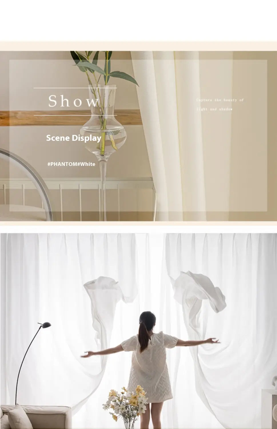 A tall slender clear glass vase with a simple cylindrical shape and subtle base detailing complementing textured sunscreen linen curtains for home.