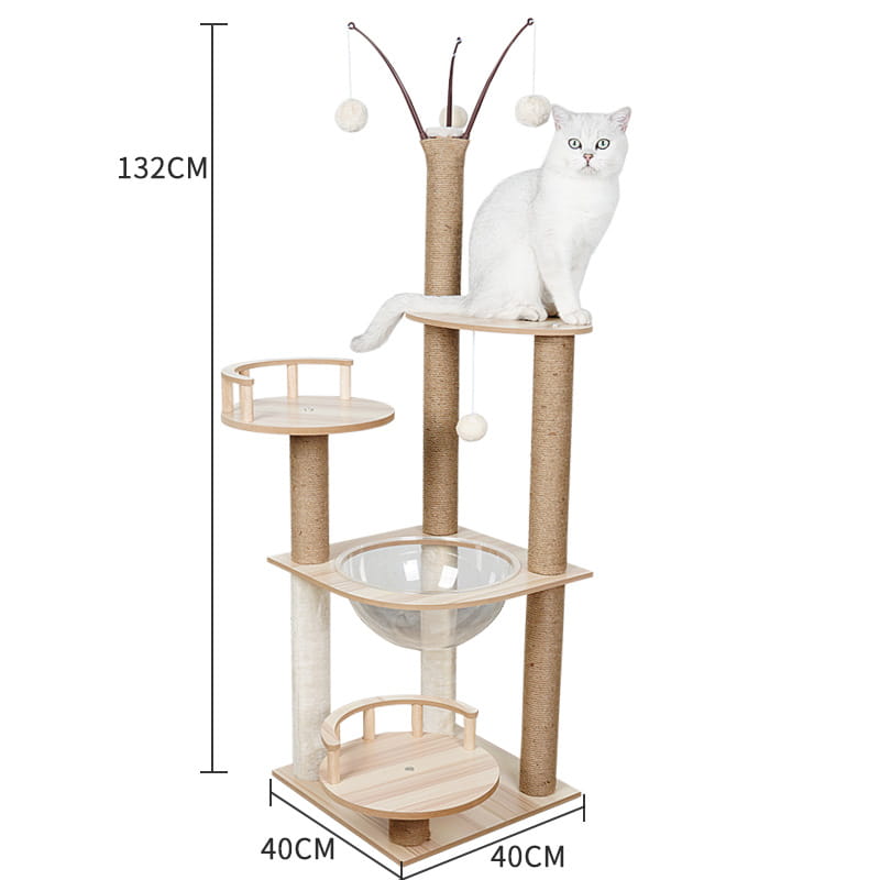 Tall multi-level wooden cat tree with light wood platforms and sisal-wrapped posts for scratching and climbing.