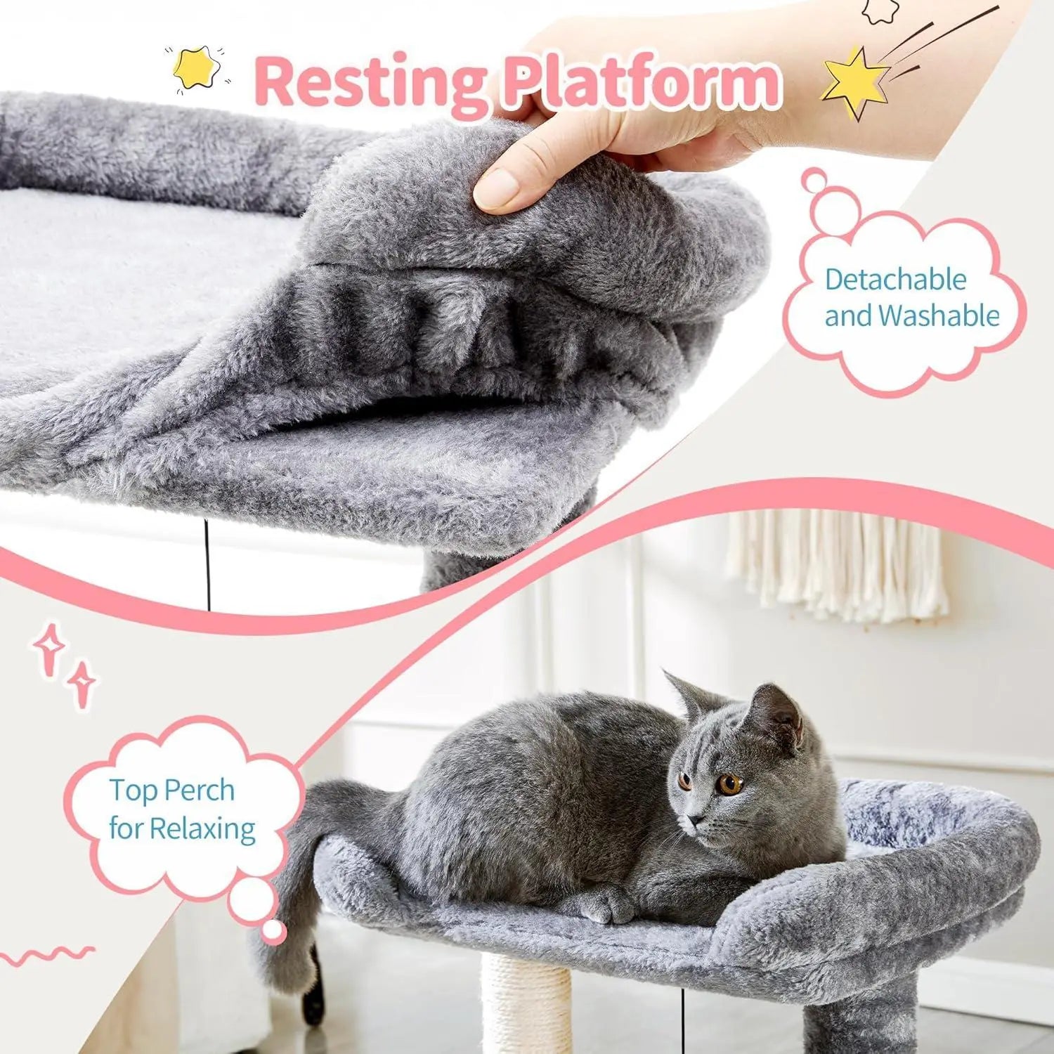 Gray plush resting platform for cats with a soft detachable and washable fabric design on a cat tree tower featuring a sisal scratching post.