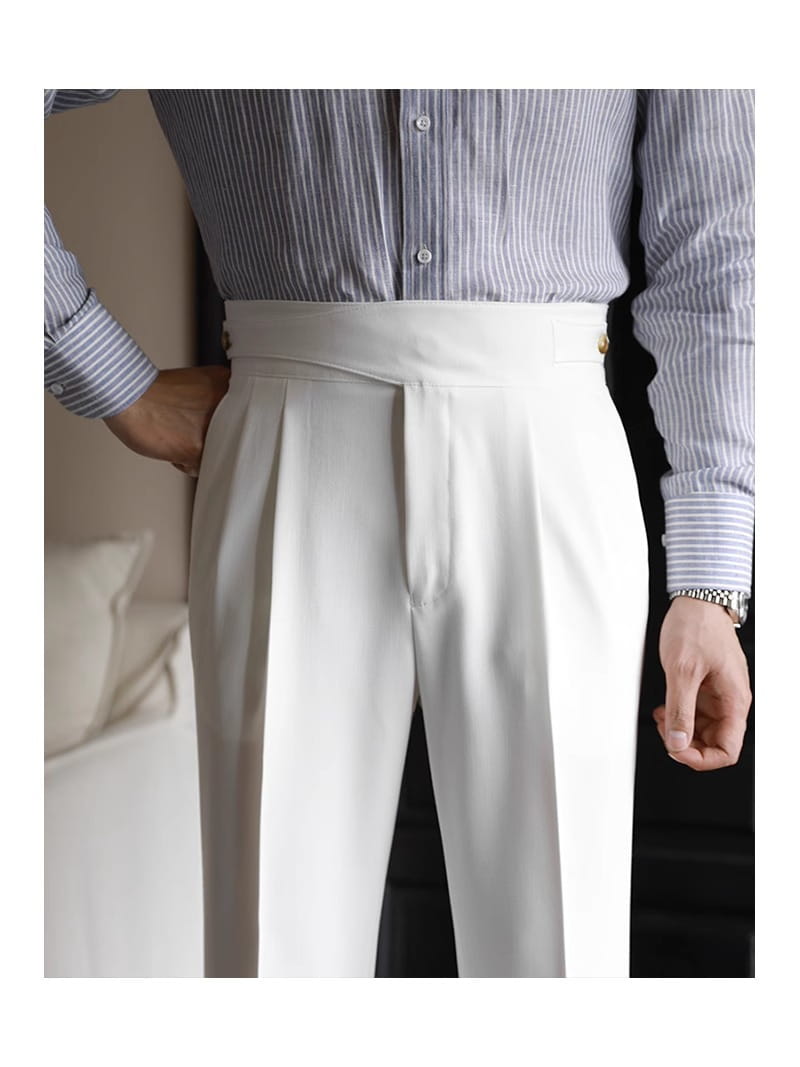 Men’s tailored pleated wool straight leg trousers in white with a tailored fit and gold-toned button accents.