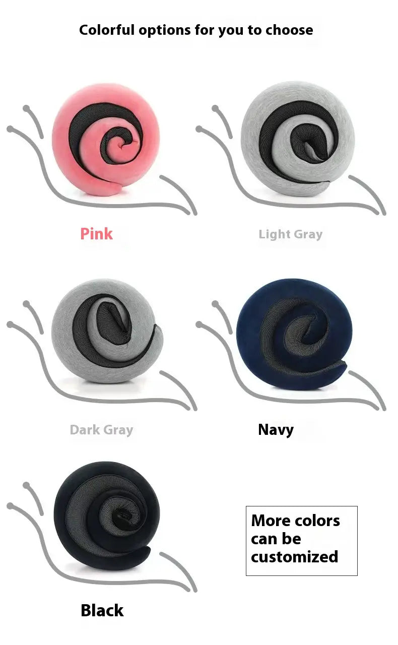 A plush snail-shaped memory foam travel neck pillow in soft spiral-textured fabric available in pink light gray dark gray navy and black with adjustable support.