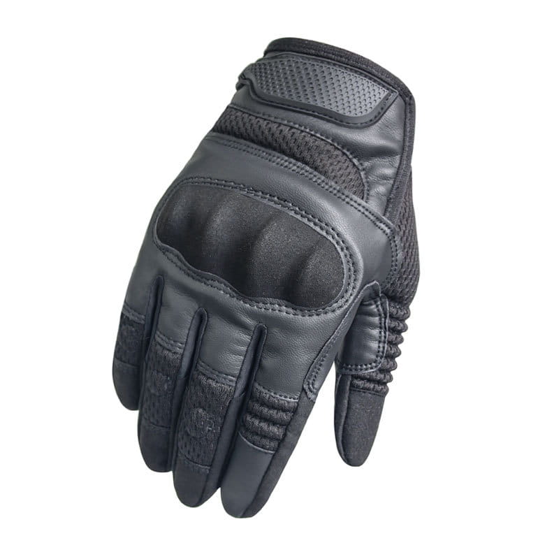 Black leather tactical glove with reinforced padding and breathable mesh panels shown from the back side designed for multifunctional use.