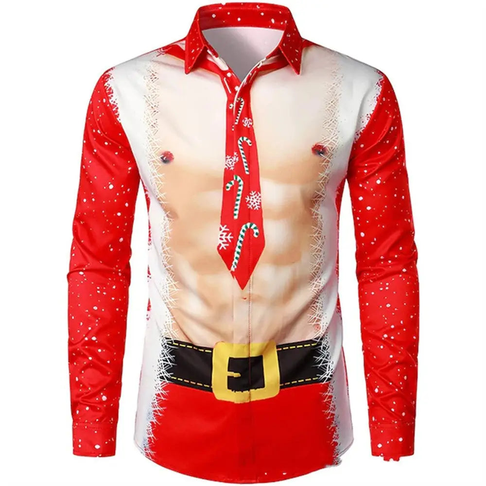 Mens Christmas print button up shirt featuring a red and white long sleeve design with a Santa Claus motif including candy canes snowflakes and a yellow belt buckle.