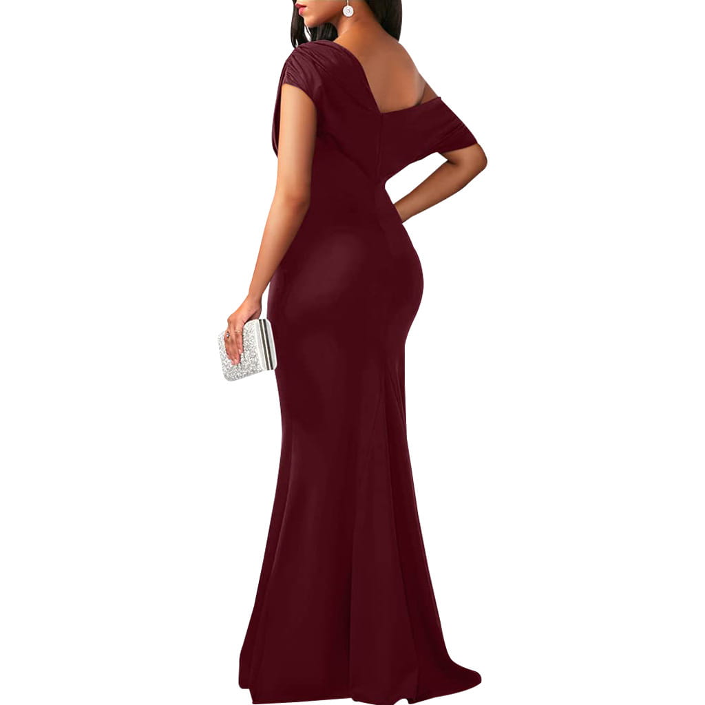 A sleek burgundy off the shoulder mermaid evening gown with short sleeves and a draped bodice featuring a fitted silhouette.