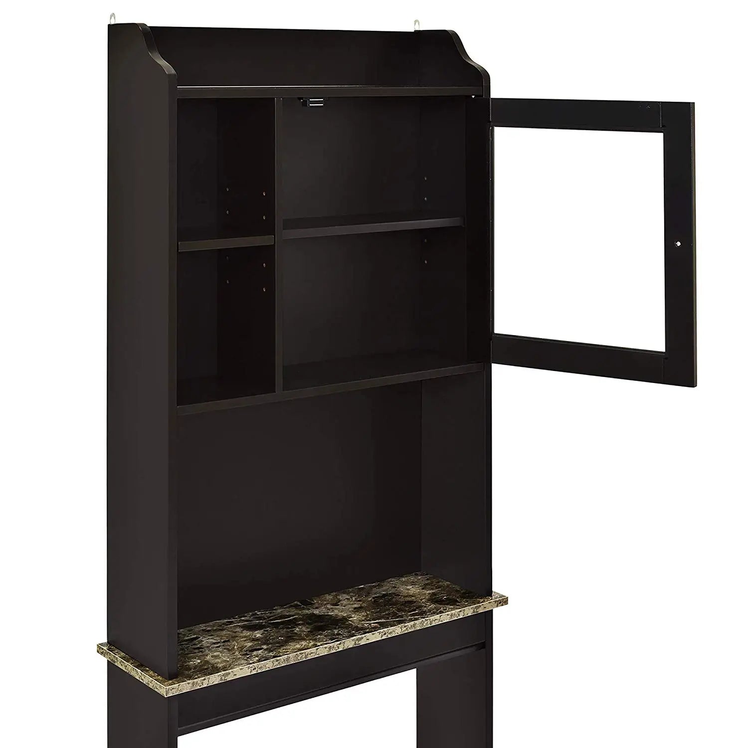 black wooden espresso over the toilet storage cabinet with a glass door and marble countertop designed for bathroom organization and space saving.