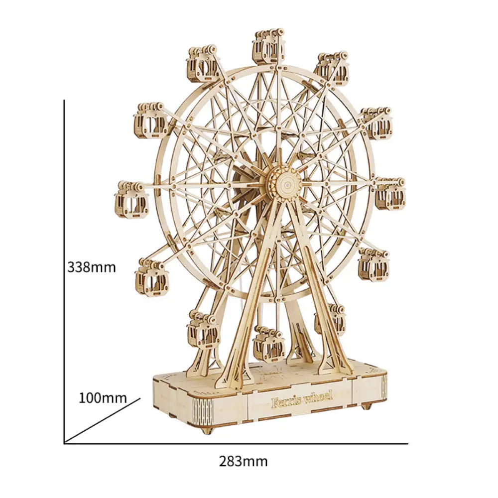 A detailed light-colored wooden model of a ferris wheel with intricate cut-out patterns and small passenger cabins from the 3d wooden puzzle ferris wheel and owl clock model.