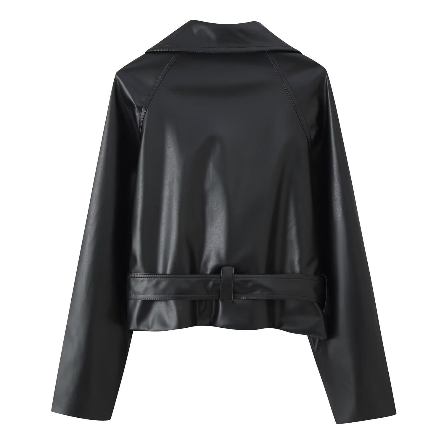 Black faux leather double breasted belted trench coat featuring a moto jacket style with a belted waist and wide slightly flared sleeves.