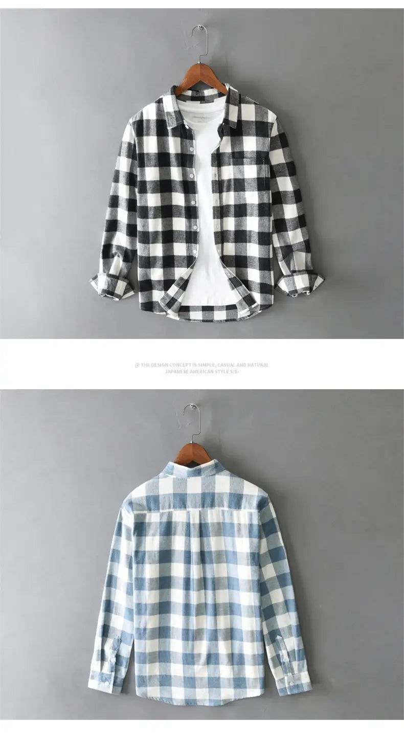 Herren-Karos-Flanellhemd mit Knopfleiste und Strickcardigan-Design von hinten gezeigt; schwarzes und weißes Karomuster mit einer dezenten blau-grauen Variante sowie langen Ärmeln.