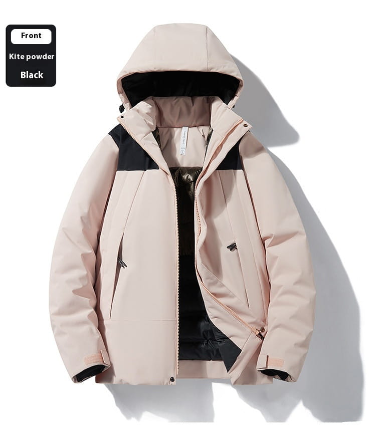 A soft quilted pale pink windproof waterproof puffer jacket with black accents on the shoulders and hood lining.