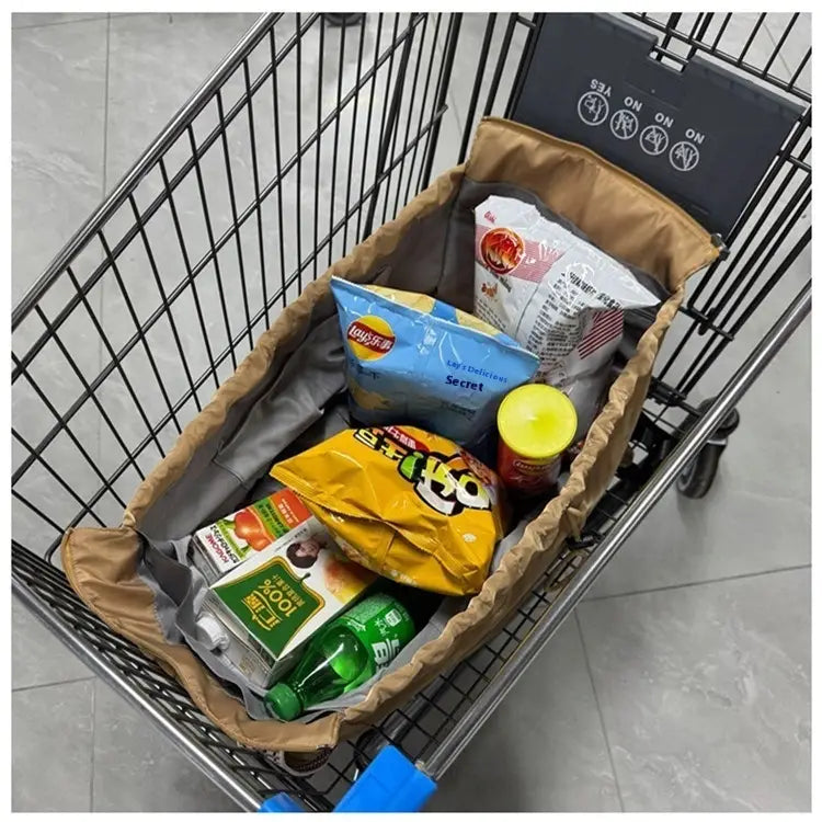 brown multifunctional waterproof nylon shopping cart organizer filled with snacks and drinks for tote and backpack use
