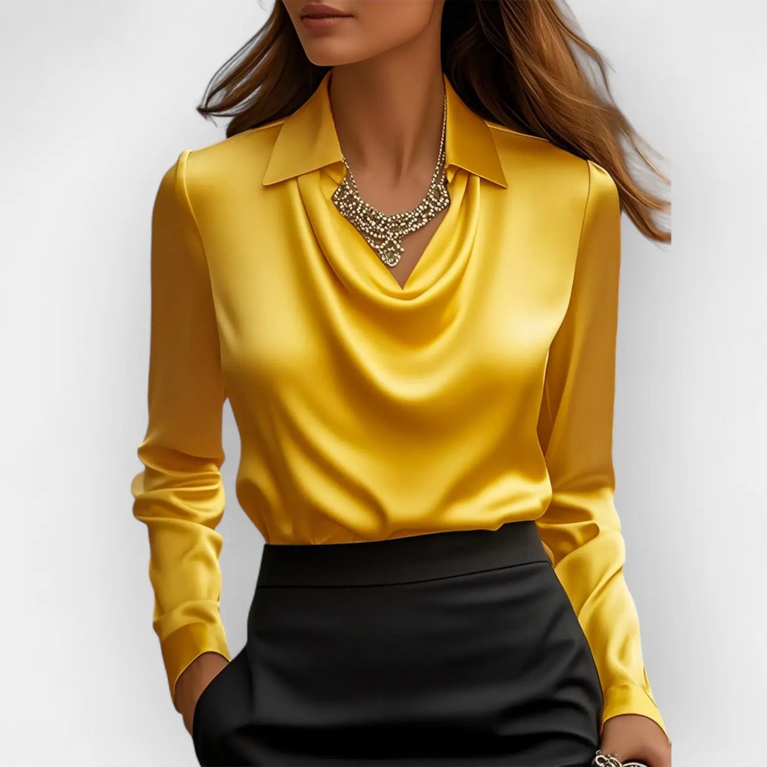 A vibrant yellow satin blouse for women featuring a classic collar and elegant cowl neck with long sleeves.