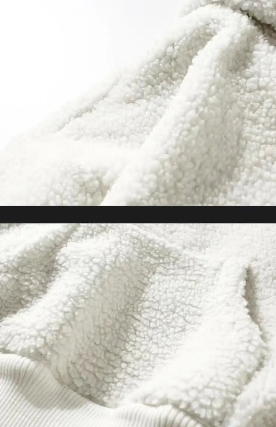 Weißes kuscheliges Fleece-Material mit einer weich strukturierten Oberfläche beim Herren-Dick-Polar-Fleece-Mountain-Graphic-Hoodie.