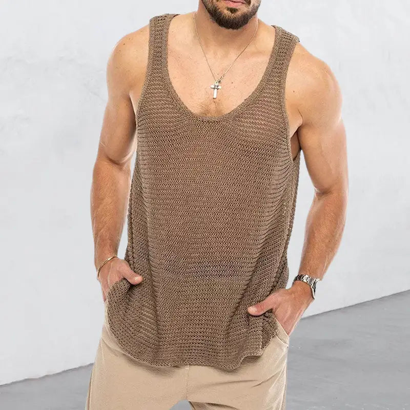 A loose-fitting men’s ribbed knit scoop neck sleeveless vest in brown featuring a textured woven knit and wide shoulder straps.