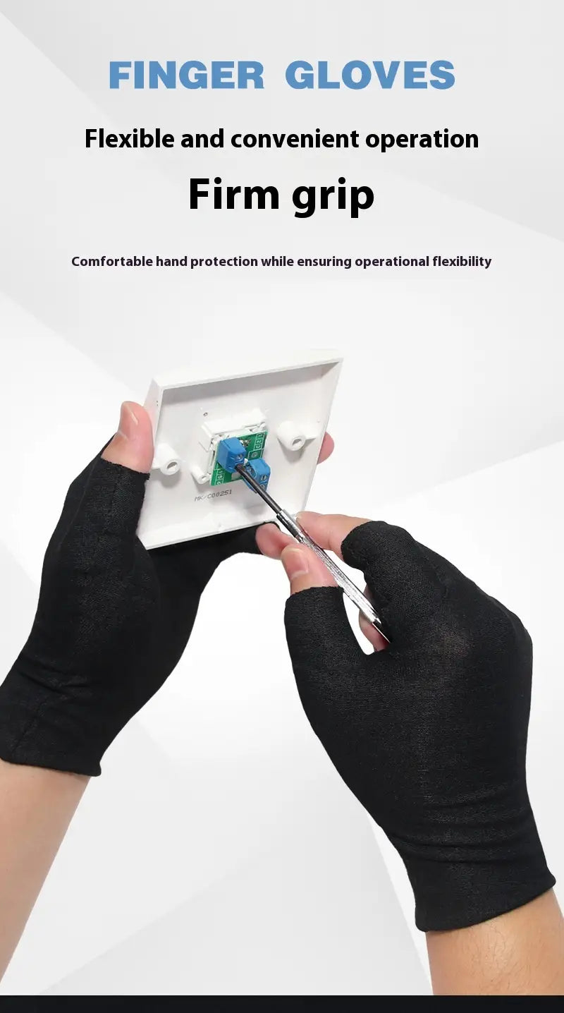 Schwarze Fingerhandschuhe aus atmungsaktiver weißer Baumwolle mit Fingerlos-Design für einen flexiblen und festen Griff, ideal für präzise Handbewegungen.