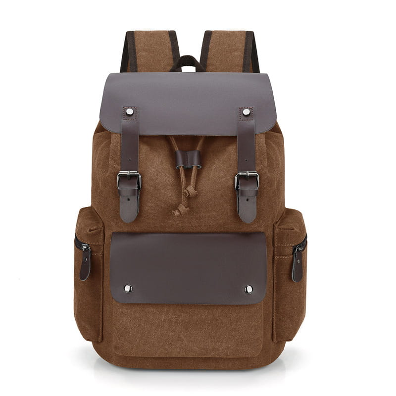 Brown canvas retro backpack with large capacity featuring gray leather accents and silver toned metal buckles, designed to be wear resistant.