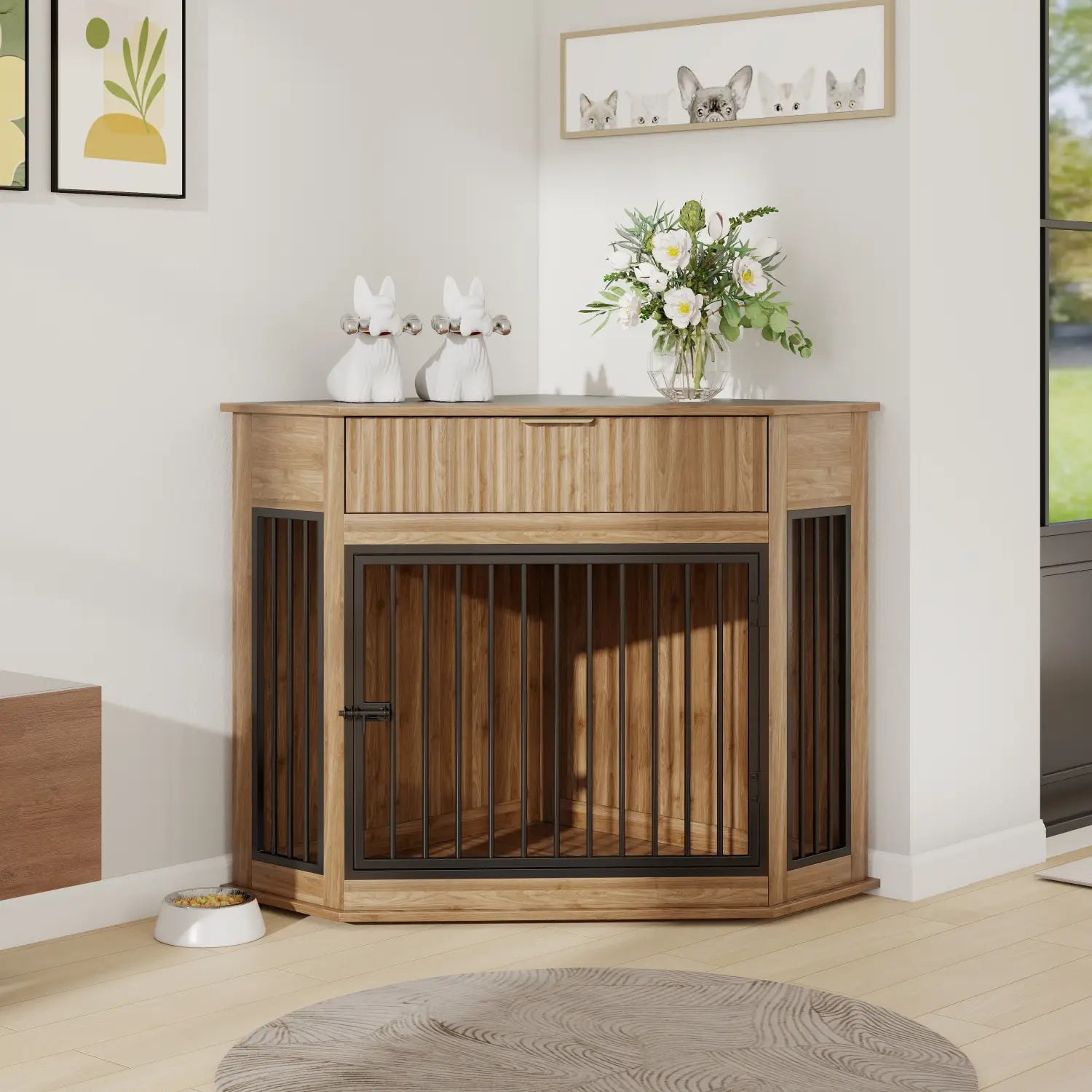 Light wood-finished corner dog crate furniture with black metal bars and a fluted storage drawer on top.