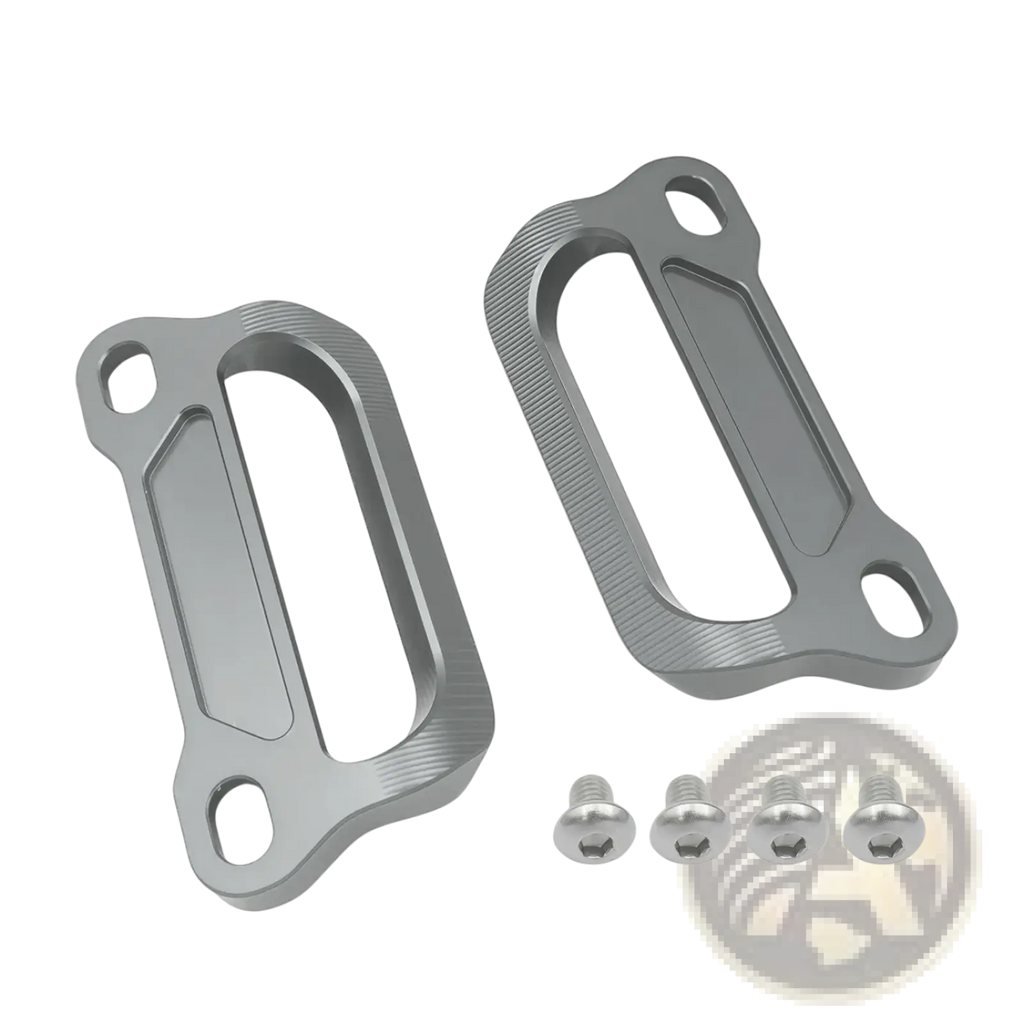 Gray aluminum cfmoto 675srr cnc passenger grab bars with brushed finish and integrated mounting holes visible from the back
