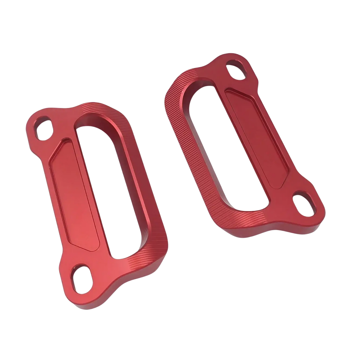 Red aluminum cfmoto 675srr cnc passenger grab bars with brushed finish and cutout motorcycle brake lever guards