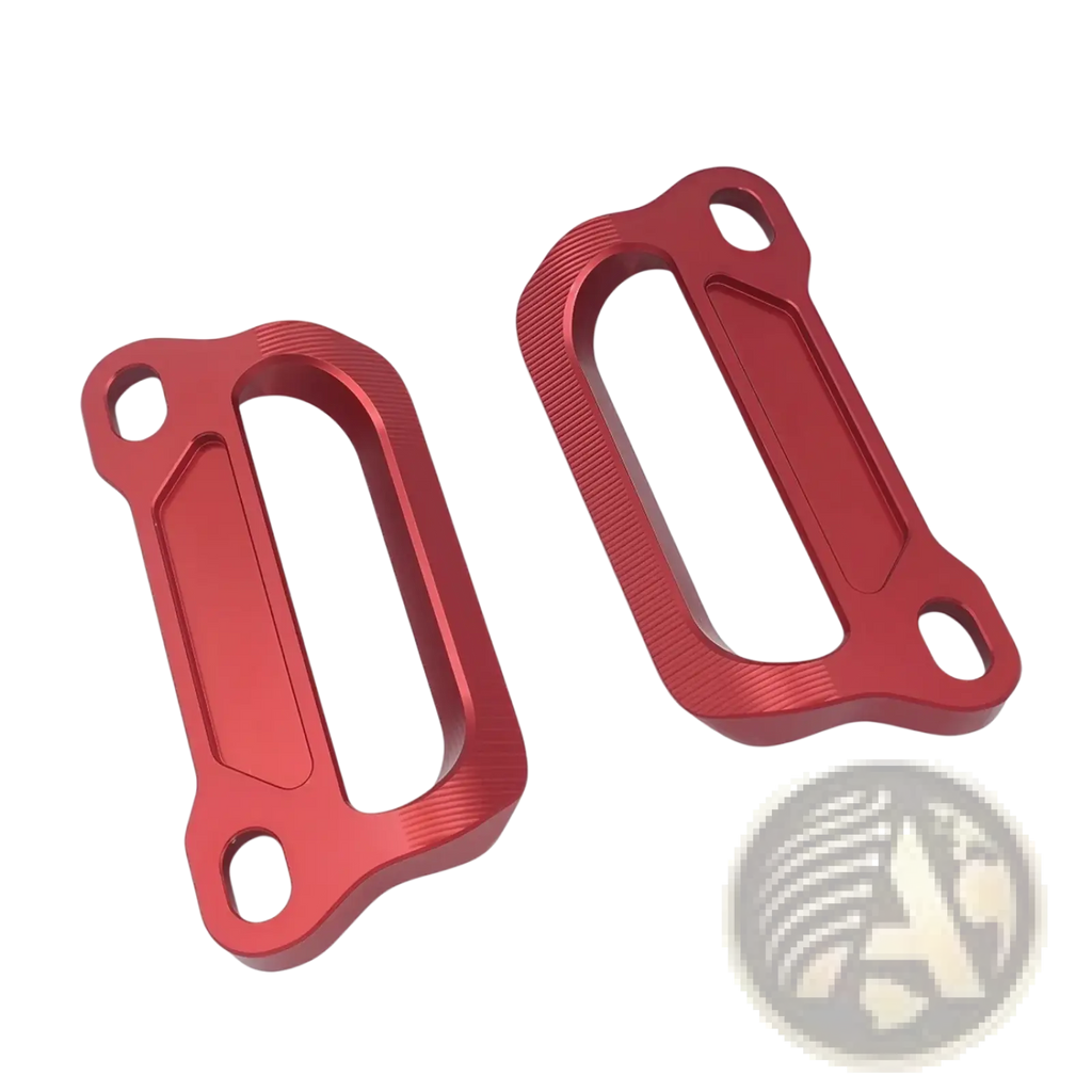 Red aluminum cfmoto 675srr cnc passenger grab bars with brushed finish and cutout motorcycle brake lever guards