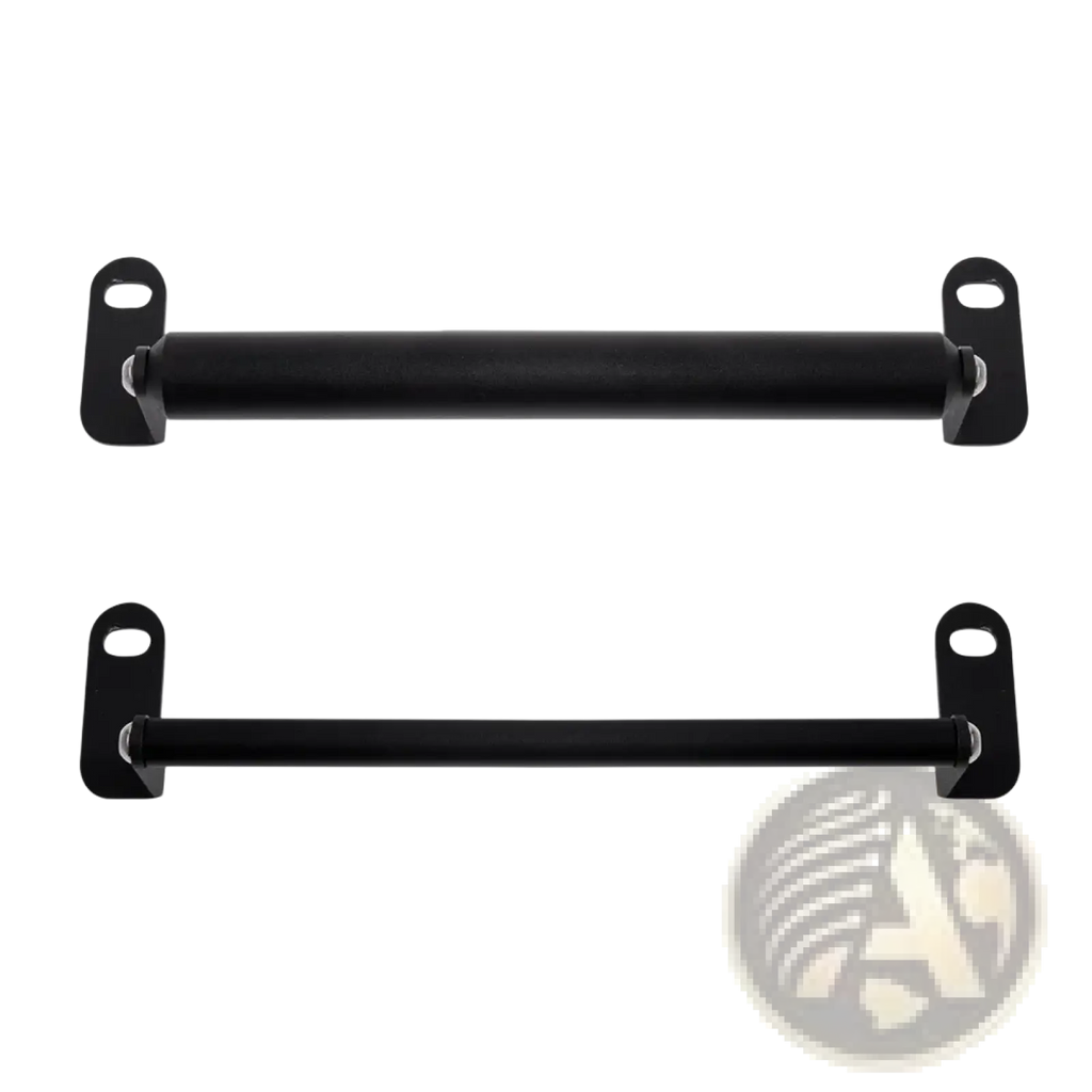 Black metal mounting bars with flat l-shaped end plates and circular holes for cfmoto 800mt gps navigation mount bracket