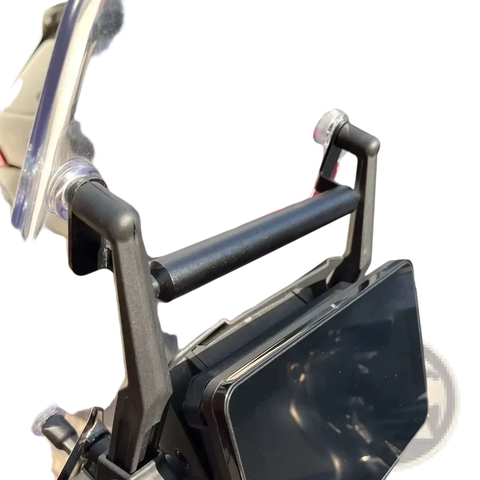 Black plastic cfmoto 800mt gps navigation mount bracket with clear suction cups and central securing bar shown from the back side