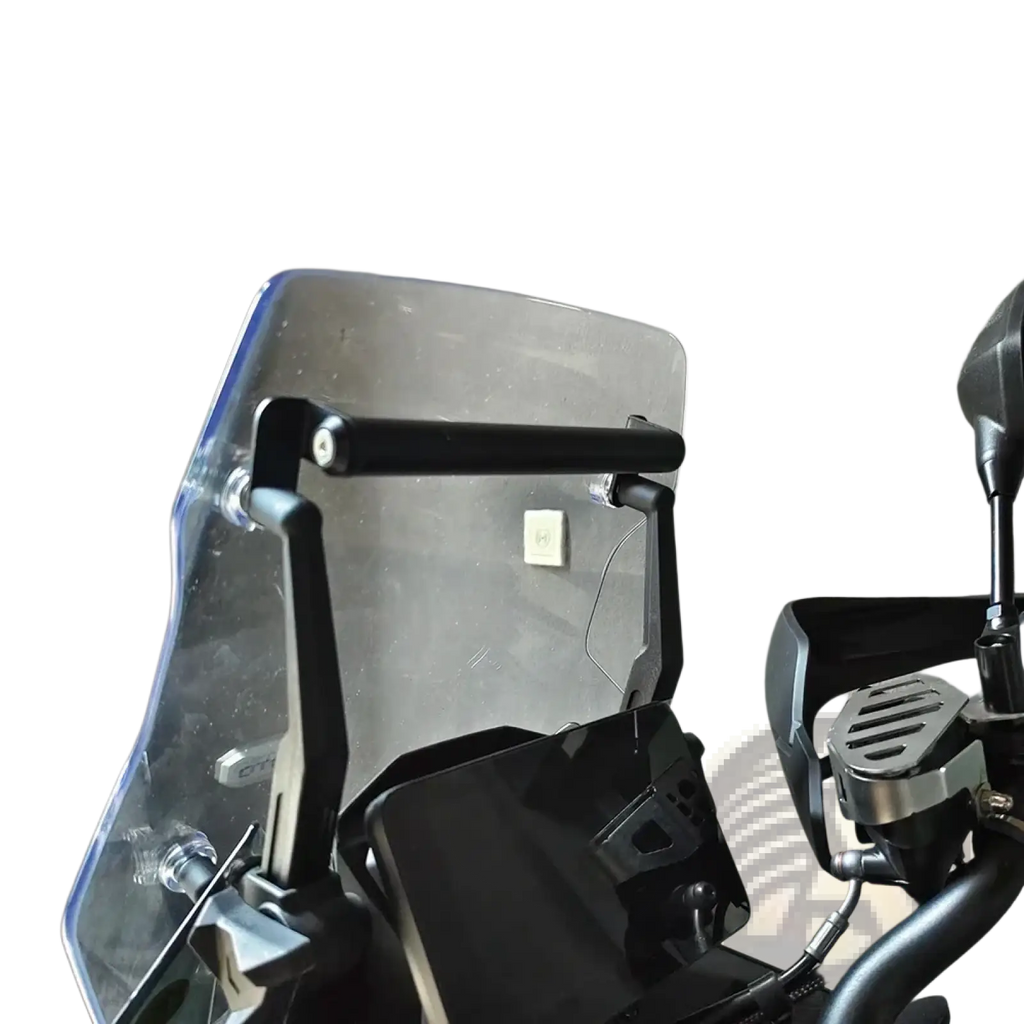 Clear plastic motorcycle windshield mounted on a black metal frame for cfmoto 800mt gps navigation mount bracket