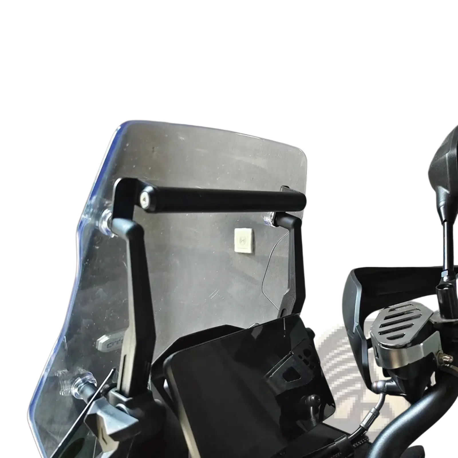 Clear plastic motorcycle windshield mounted on a black metal frame for cfmoto 800mt gps navigation mount bracket