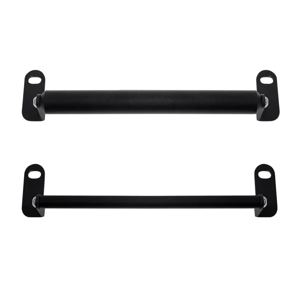 Black metal mounting bars with flat l-shaped end plates and circular holes for cfmoto 800mt gps navigation mount bracket